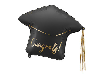 Folienballon Mütze "Congrats!", 60x55 cm, Schwarz-Gold